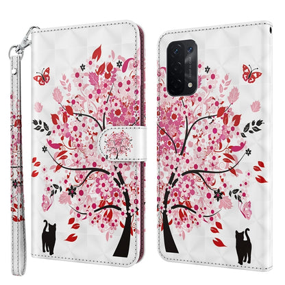 Flip leather phone case with red blossom tree, black cat silhouettes; includes wrist strap.