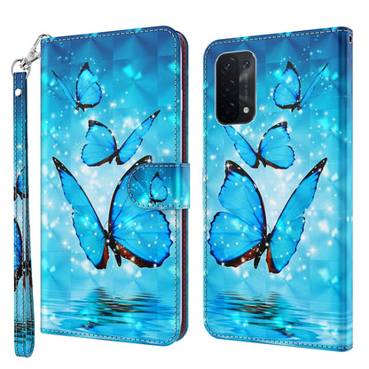Flip leather phone case with blue butterflies and starry sparkle; includes wrist strap.