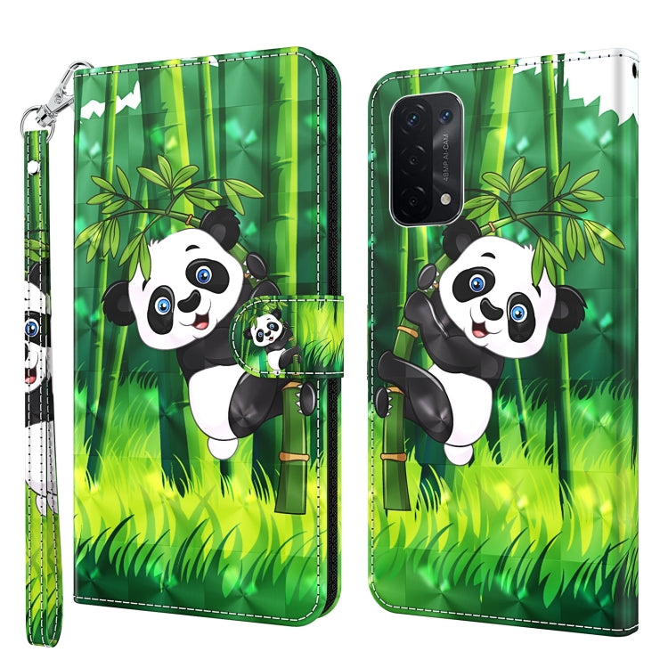 Flip leather phone case with panda scene in green bamboo; includes wrist strap.