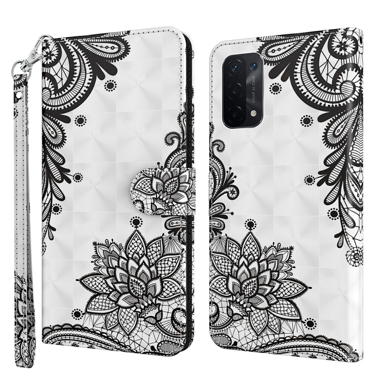 Flip leather phone case with black-and-white ornamental lotus pattern; includes wrist strap.