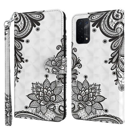 Flip leather phone case with black-and-white ornamental lotus pattern; includes wrist strap.