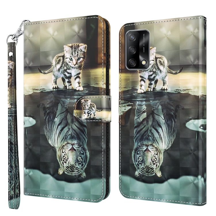 Flip leather phone case with light kitten and mirrored reflection; includes wrist strap.