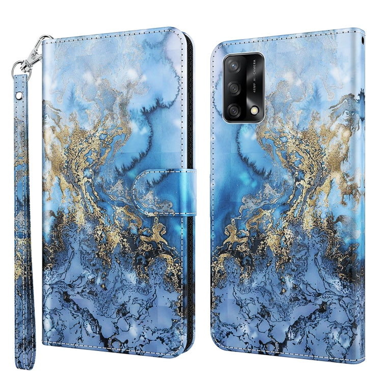 Flip leather phone case with blue marbled pattern and gold accents; includes wrist strap.