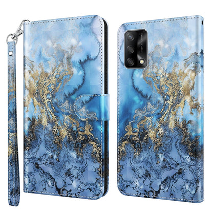 Flip leather phone case with blue marbled pattern and gold accents; includes wrist strap.
