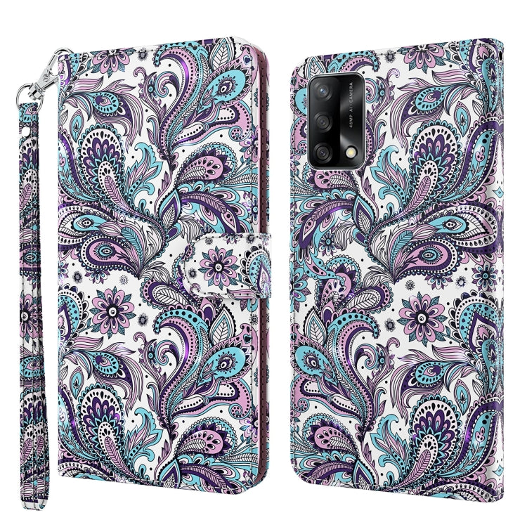Leather flip phone case with 3D paisley bird pattern, teal and purple, wrist strap