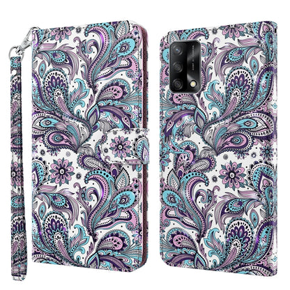 Leather flip phone case with 3D paisley bird pattern, teal and purple, wrist strap