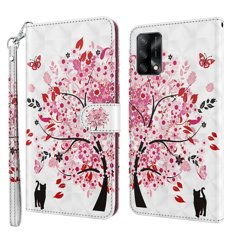 Leather flip phone case with 3D pink tree and cat silhouettes, wrist strap