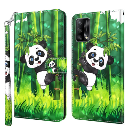 Leather flip phone case with 3D panda in bamboo forest, green background, wrist strap