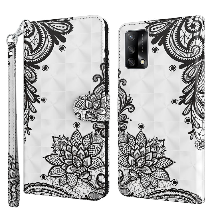 Leather flip phone case with 3D black lace floral design on white, wrist strap
