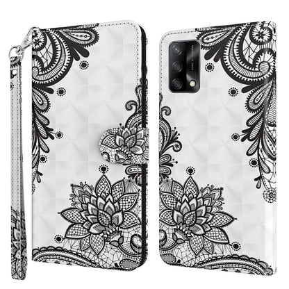 Leather flip phone case with 3D black lace floral design on white, wrist strap