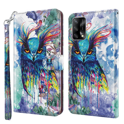 Leather flip phone case with 3D watercolor owl, blue and multicolor splashes, wrist strap