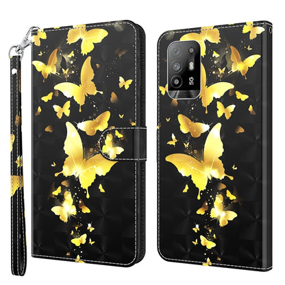 Leather flip phone case with 3D yellow butterflies on black, wrist strap