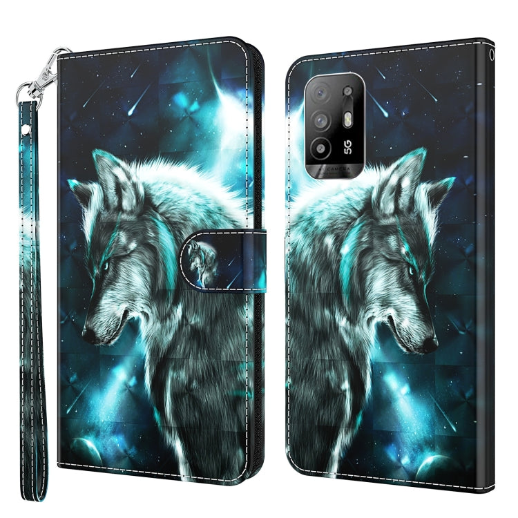 Leather flip phone case with 3D wolf portrait and night sky glow, wrist strap