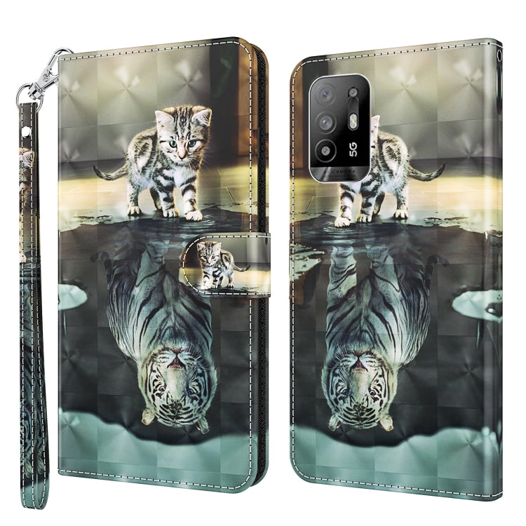 Leather flip phone case with 3D cat with mirrored reflection, tan and dark tones, wrist strap