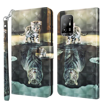 Leather flip phone case with 3D cat with mirrored reflection, tan and dark tones, wrist strap