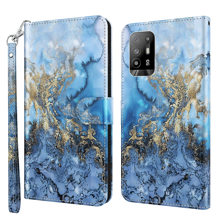 Leather flip phone case with 3D blue marbled texture and gold swirl, wrist strap