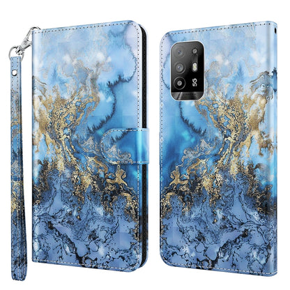 Leather flip phone case with 3D blue marbled texture and gold swirl, wrist strap