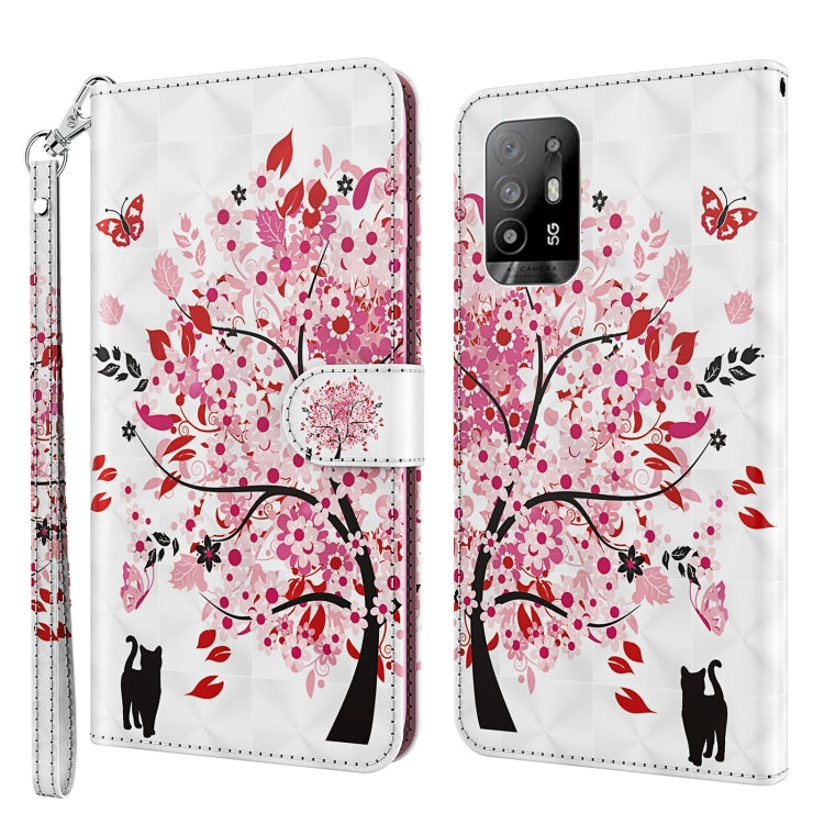 Red cat and cherry blossom leather phone case with wrist strap, flip cover