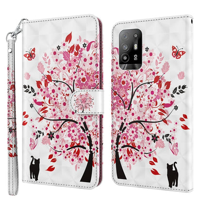 Red cat and cherry blossom leather phone case with wrist strap, flip cover