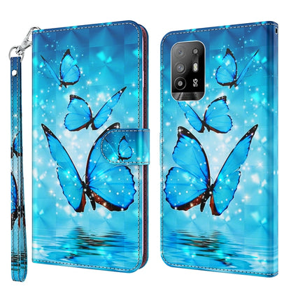 Blue butterfly leather phone case with wrist strap, flip cover