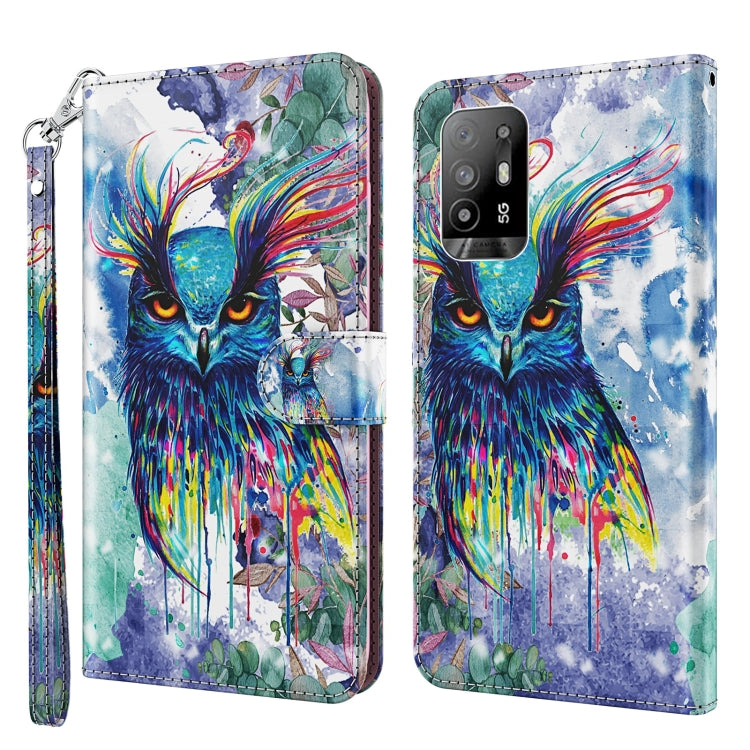 Multicolor watercolor owl leather phone case with wrist strap, flip cover