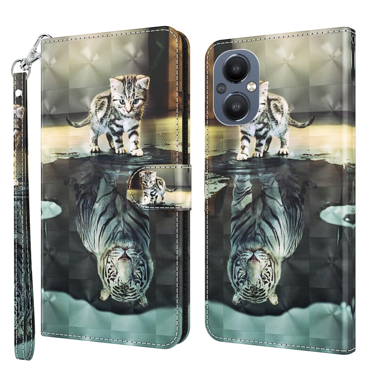 Tabby cat reflection graphic leather phone case with wrist strap, flip cover
