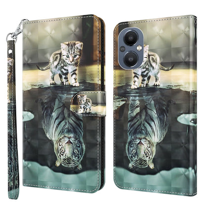 Tabby cat reflection graphic leather phone case with wrist strap, flip cover
