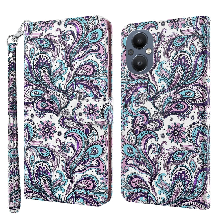 Pattern flip leather phone case with wrist strap, paisley birds in purple and teal.