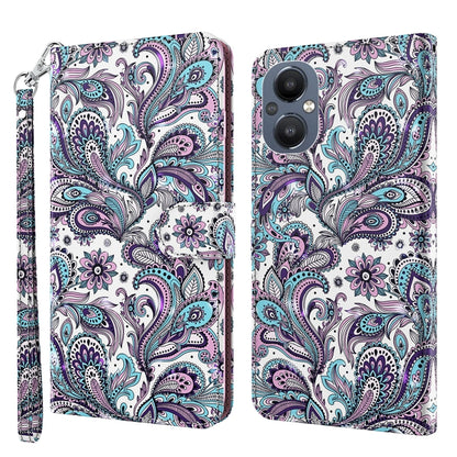Pattern flip leather phone case with wrist strap, paisley birds in purple and teal.