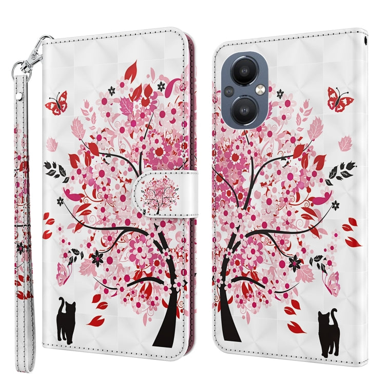 Pattern flip leather phone case with wrist strap, pink cherry blossoms with cats.