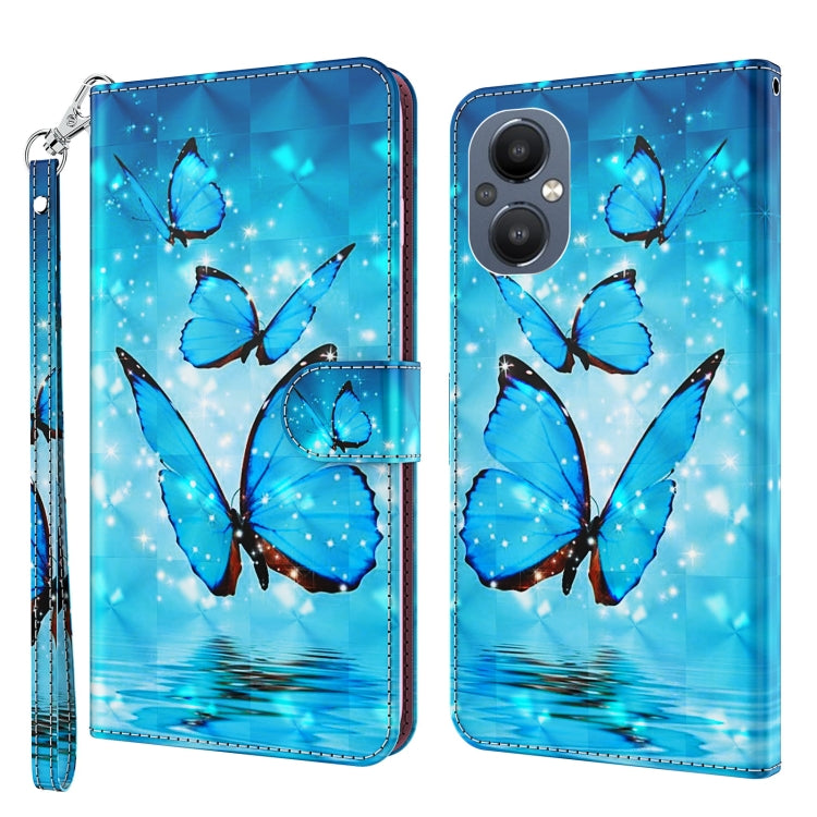 Pattern flip leather phone case with wrist strap, blue butterfly design with sparkles.