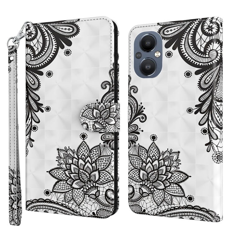 Pattern flip leather phone case with wrist strap, black ornamental flower lace on white.