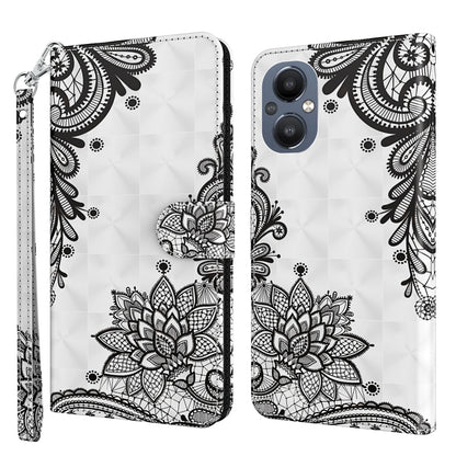 Pattern flip leather phone case with wrist strap, black ornamental flower lace on white.