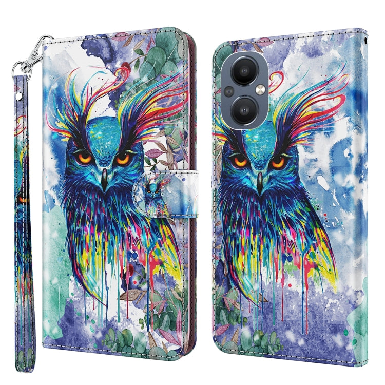 Pattern flip leather phone case with wrist strap, colorful owl watercolor artwork.