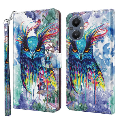 Pattern flip leather phone case with wrist strap, colorful owl watercolor artwork.