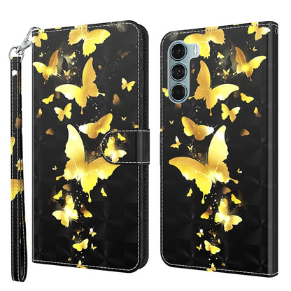 Pattern flip leather phone case with wrist strap, golden butterflies on black background.
