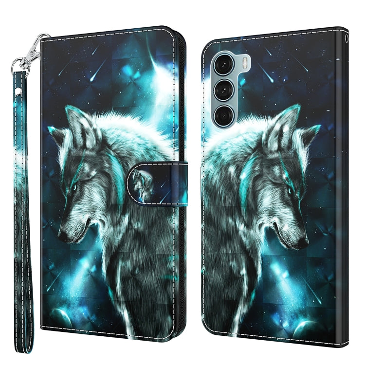Pattern flip leather phone case with wrist strap, glowing wolf in dark blue tones.