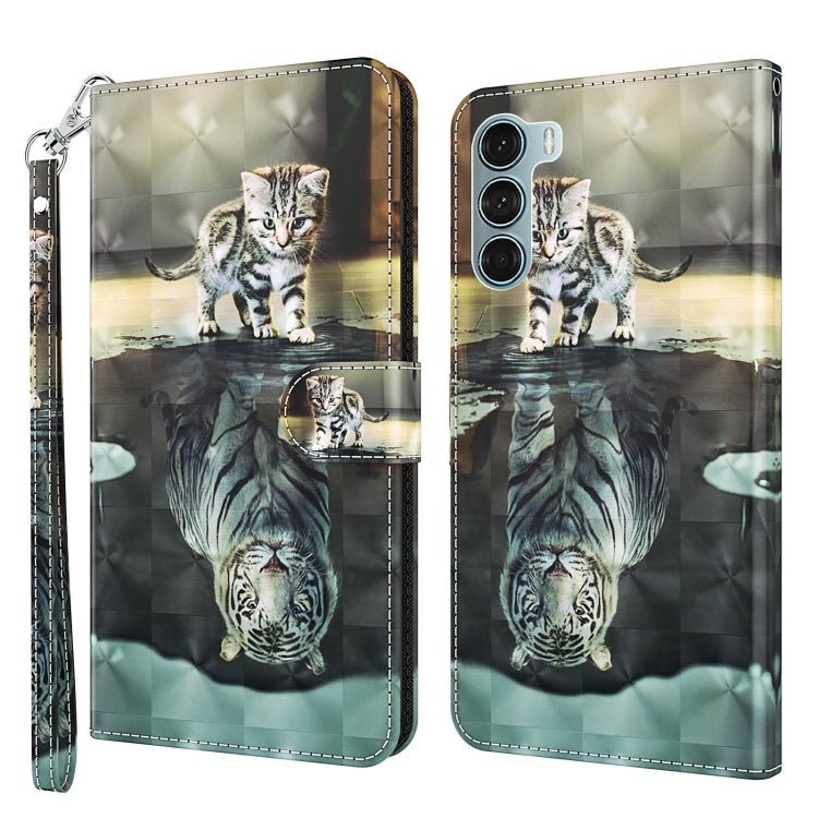 Pattern flip leather phone case with wrist strap, cat and reflection artwork on quilted base.