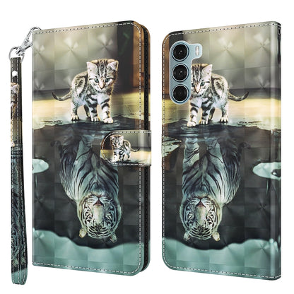 Pattern flip leather phone case with wrist strap, cat and reflection artwork on quilted base.