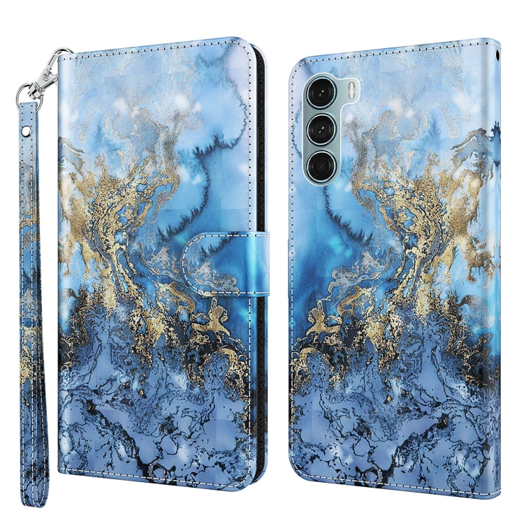 Pattern flip leather phone case with wrist strap, blue and gold marble-style swirling design.