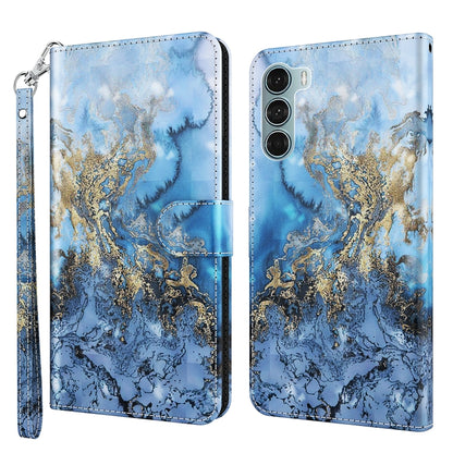 Pattern flip leather phone case with wrist strap, blue and gold marble-style swirling design.