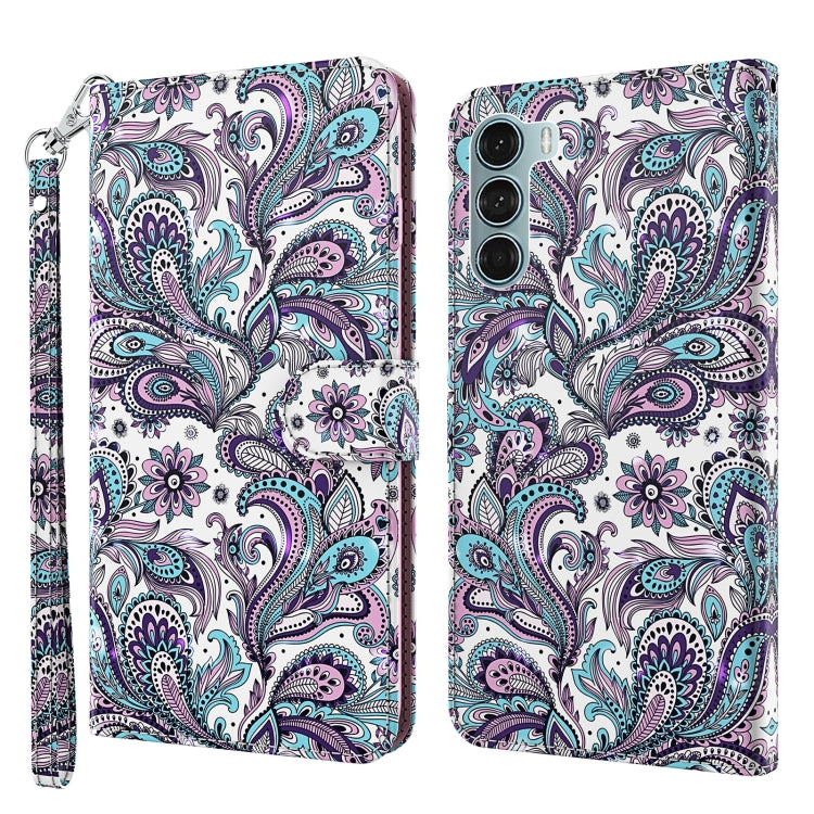 Flip phone case with wrist strap, paisley bird pattern in purple and teal.