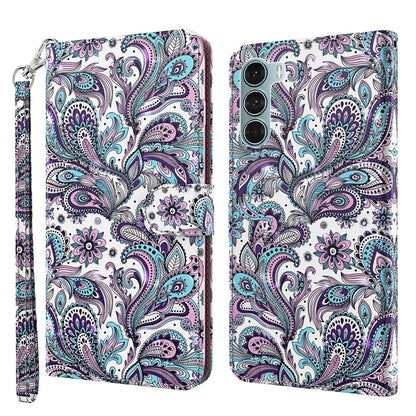 Flip phone case with wrist strap, paisley bird pattern in purple and teal.