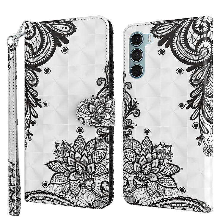 Flip phone case with wrist strap, black mandala floral pattern on white.
