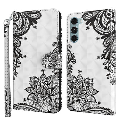 Flip phone case with wrist strap, black mandala floral pattern on white.