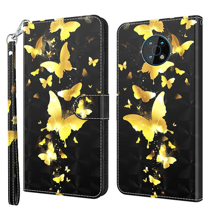 Flip phone case with wrist strap, golden butterflies on black with glossy sheen.