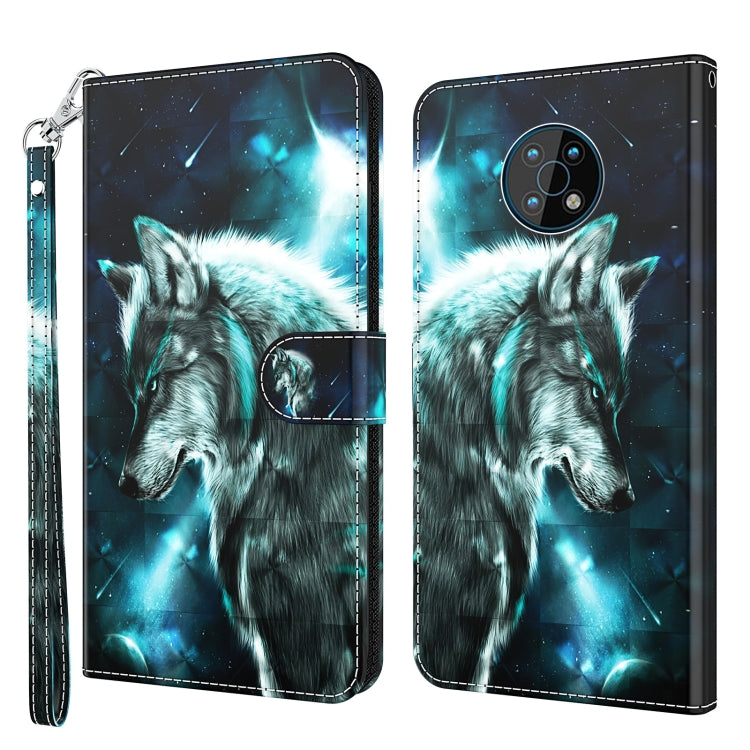 Flip phone case with wrist strap, blue space wolf portrait with light trails.