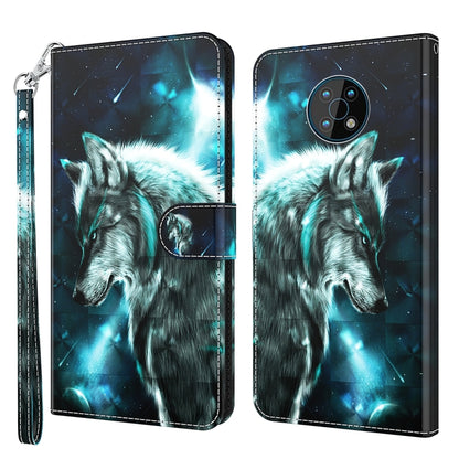 Flip phone case with wrist strap, blue space wolf portrait with light trails.
