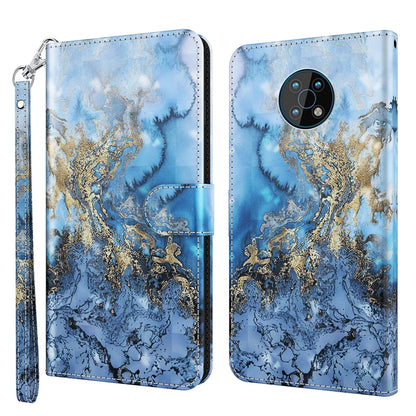 Flip phone case with wrist strap, blue marble clouds with gold ornamental swirl.