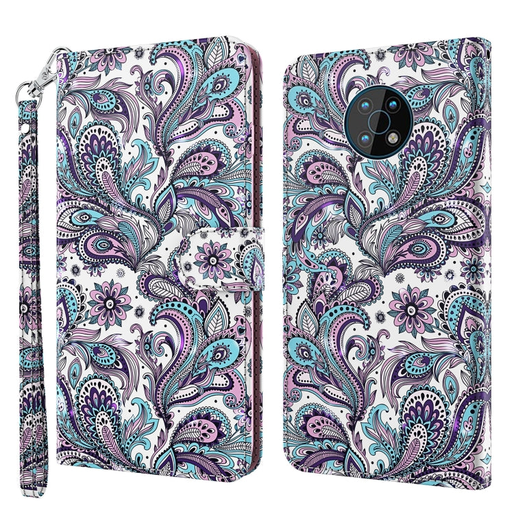 Flip leather phone case with wrist strap, paisley bird pattern, dual camera cutout
